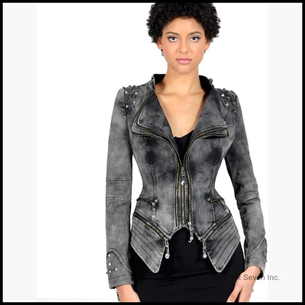 Denim Tailcoat Jacket with Detachable Hem and Rivet Details